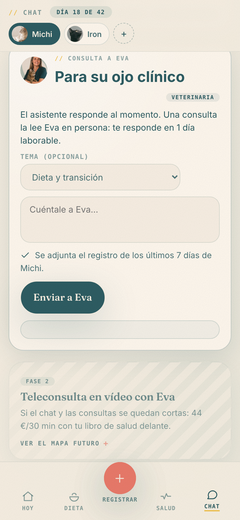 Bloque de Consulta a Eva: un mensaje que la veterinaria responde en un día laborable