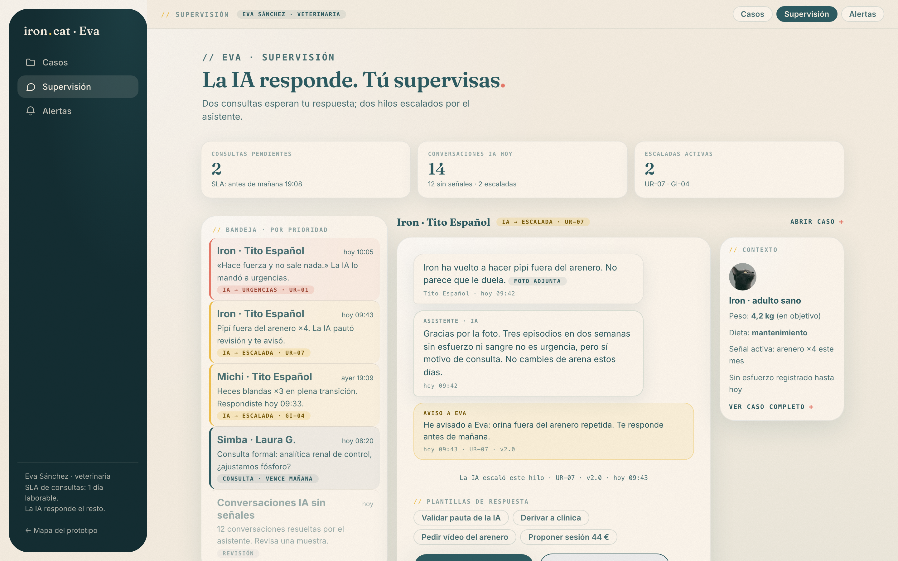 Bandeja de supervisión de Eva: consultas con SLA, escaladas de la IA y revisión de conversaciones