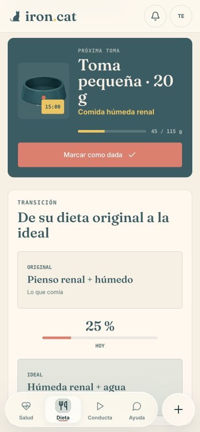 Pantalla de Dieta con la próxima toma y la transición hacia la dieta ideal