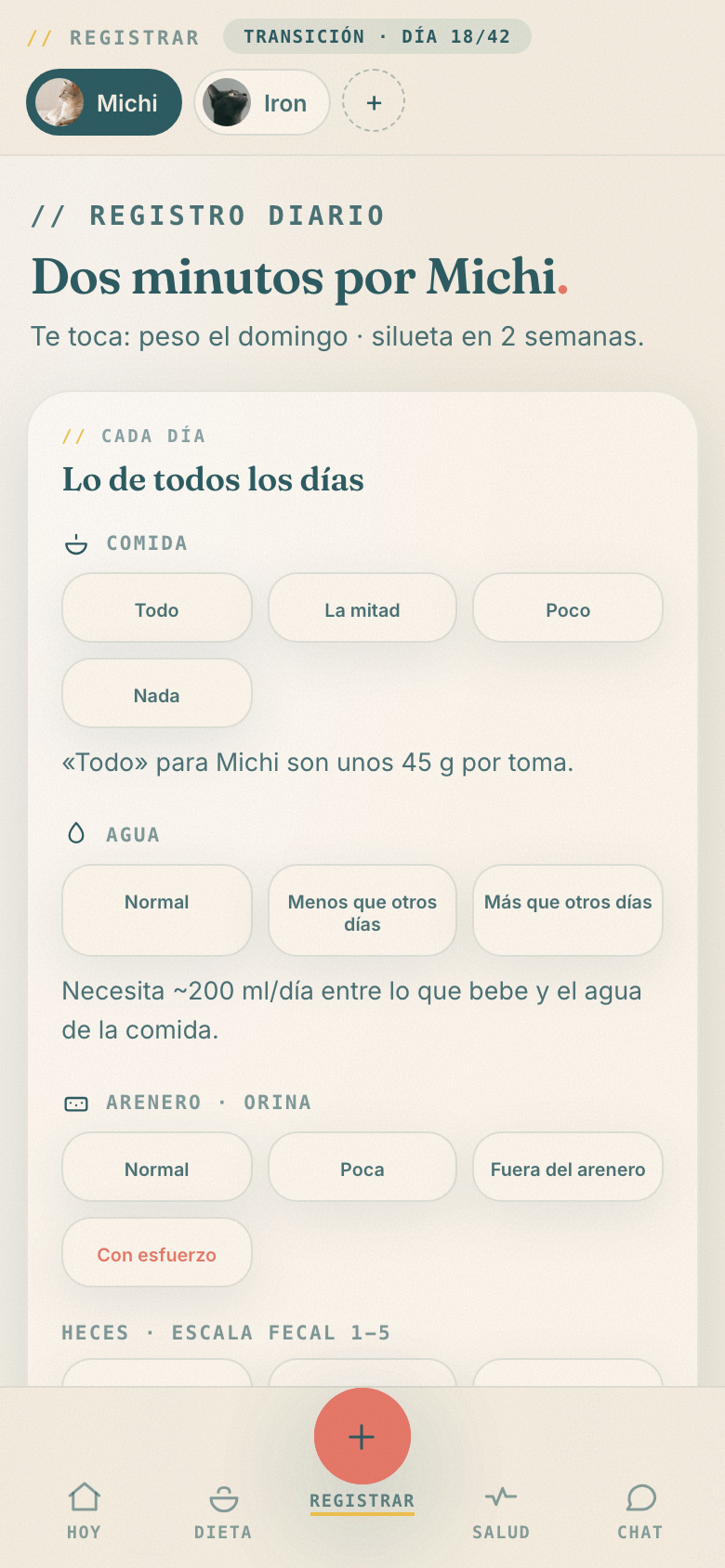 Pantalla de Registrar: peso, condición corporal, apetito, agua, arenero y foto