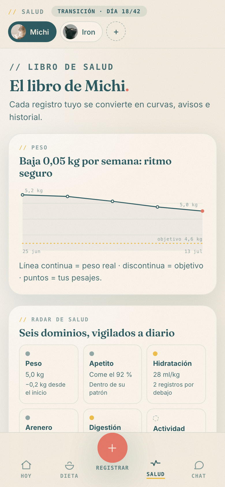 Pantalla móvil de Salud con prioridades y revisión mensual